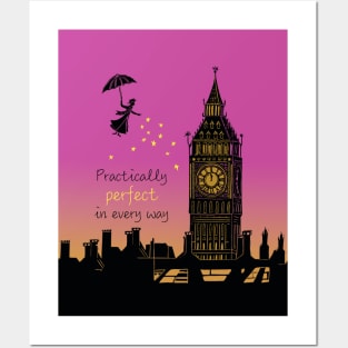 Mary Poppins Practically Perfect in Every Way Sunset Linocut Posters and Art